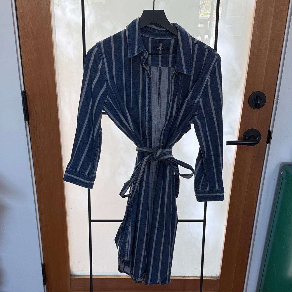7 for all Mankind Striped Jean Belted Shirt Dress